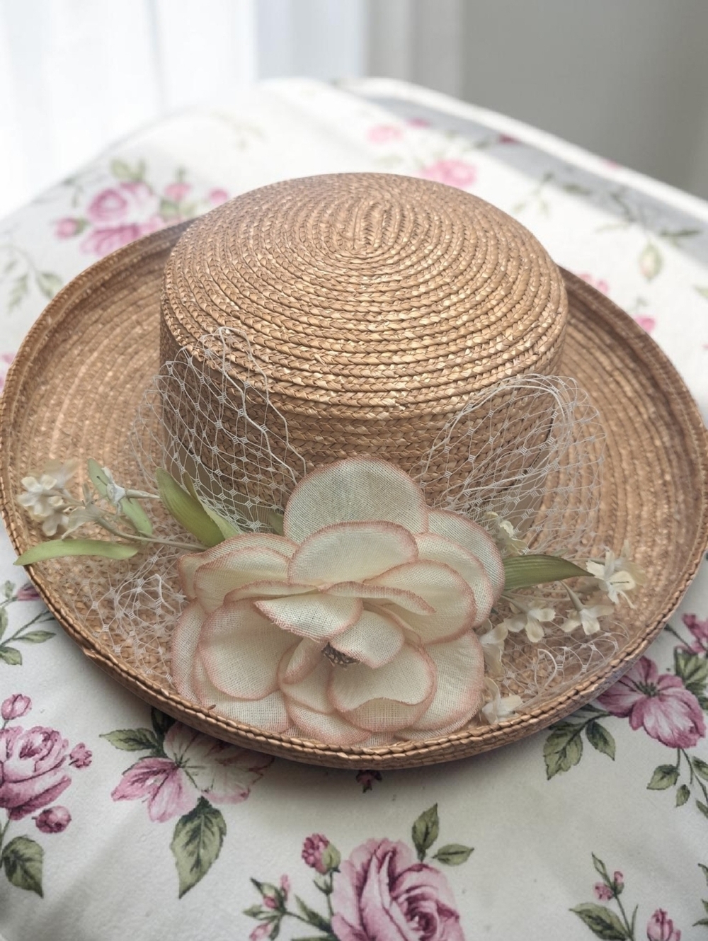 Elegant Sun Cloche Derby Straw Hat w/ Cream Flower & Netting Accent Front Estate